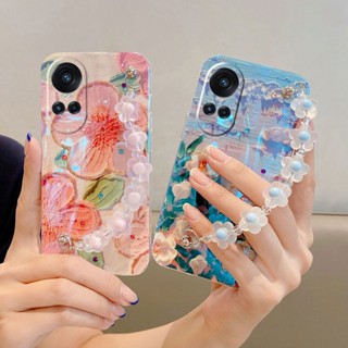 เคสโทรศัพท์OPPO Reno10 Pro Reno10 Reno 10 Pro+ 5G มือถือ ซิลิโคนนิ่ม ลายภาพวาดสีน้ํามัน รูปดอกไม้ ระยิบระยับ พร้อมสายคล้องมือ สําหรับ เคสOPPO Reno10 Pro 5G