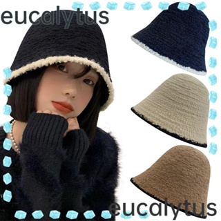 Eucalytus1 หมวกบักเก็ต ผ้าถัก แฮนด์เมด แบบนิ่ม ปักลายลูกไม้ สีตัดกัน แฟชั่นฤดูหนาว