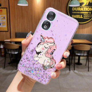 ใหม่ เคสโทรศัพท์มือถือแบบนิ่ม ใส ลายการ์ตูนยูนิคอร์น ท้องฟ้ากลางคืน ระยิบระยับ พร้อมขาตั้ง สําหรับ Huawei HONOR 90 Lite X6 X8a 5G 70 Lite Honor90Lite Honor70Lite