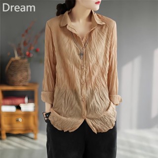 Retro literary new solid color personalized pleated shirt Womens loose all-match slim mid-length cool shirt