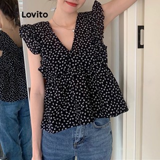 Lovito เสื้อเบลาส์ลําลอง แบบผูกเชือก แต่งระบาย สําหรับผู้หญิง LNA09239 (สีดํา)