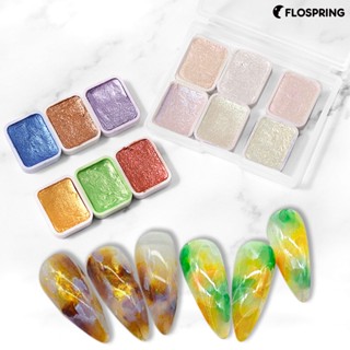 Flospring ผงสีเมทัลลิก สีน้ํา สําหรับตกแต่งเล็บ 6 ชิ้น ต่อกล่อง 6 ชิ้น