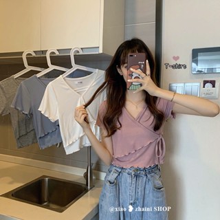 เสื้อครอปแขนสั้น คอวี ทรงหลวม สีพื้น เข้ากับทุกการแต่งกาย สําหรับผู้หญิง
