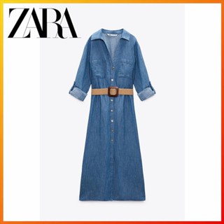 Zara ใหม่ ชุดเดรส เสื้อเชิ้ต ผ้าลินินผสม พร้อมเข็มขัด สําหรับผู้หญิง