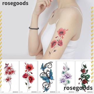 Rosegoods1 สติกเกอร์รอยสัก ลายดอกไม้ สีแดง กันน้ํา สําหรับผู้หญิง 10 ชิ้น