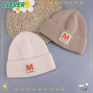 Clever หมวกถัก ผ้าวูล แบบสวมหัว พิมพ์ลายตัวอักษร ให้ความอบอุ่น สีพื้น แฟชั่นฤดูหนาว สําหรับกลางแจ้ง