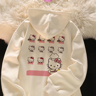 SANRIO เสื้อแจ็กเก็ตคาร์ดิแกน มีฮู้ด ลายการ์ตูน Hello Kittys น่ารัก สีเบจ เหมาะกับของขวัญวันเกิด แฟชั่นฤดูใบไม้ผลิ และฤดูใบไม้ร่วง สําหรับเด็กผู้หญิง 2023