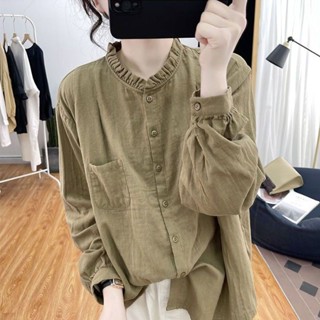 เสื้อเชิ้ตแขนยาว ผ้าฝ้าย และผ้าลินิน ทรงหลวม สีพื้น แฟชั่นฤดูใบไม้ผลิ และฤดูใบไม้ร่วง สไตล์เรโทร สําหรับผู้หญิง