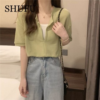 Shufu 2204 พร้อมส่ง เสื้อครอปท็อปแขนสั้น ผ้าฝ้าย ทรงหลวม สไตล์เกาหลี พลัสไซซ์ สําหรับผู้หญิง