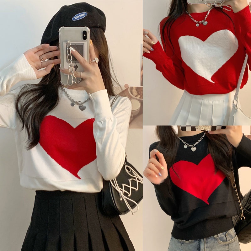 Grace_chili พร้อมส่ฃเสื้อไหมพรมคอกลม ลายหัวใจ สุดน่ารัก สไตล์เกาหลี 9019