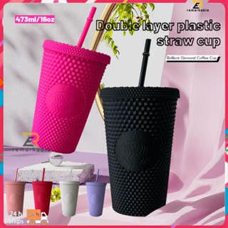 Ready stock Reusable Straw Cup Durian Series Diamond Cup Double Plastic Diamond Coffee Cup 473ml/16oz สามารถใช้ในสำนักงานและที่บ้าน