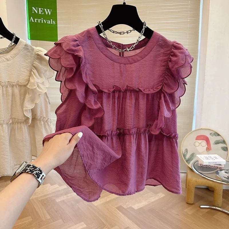 เสื้อเชิ้ต คอกลม แขนพอง สีพื้น สําหรับผู้หญิง