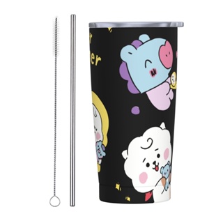 Bt21 แก้วกาแฟสเตนเลส พิมพ์ลาย พร้อมฝาปิด และหลอด 20 ออนซ์