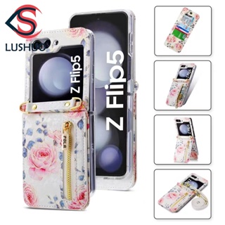 Lushuo เคสโทรศัพท์มือถือหนัง ฝาพับ ลายดอกกุหลาบ พร้อมช่องใส่บัตร และสายคล้อง หรูหรา สําหรับ Samsung Galaxy Z Flip 5 4 3 Z Flip5 ZFlip5 ZFlip 5 Flip4 Flip3 ZFlip4 ZFlip3