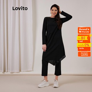 Lovito เสื้อเบลาส์แต่งเลื่อม แบบไม่เสมอกัน L17X418 (สีดำ)