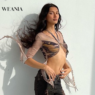 Weania เสื้อยืด แขนยาว พิมพ์ลายผีเสื้อ ผูกปม จับจีบ เซ็กซี่ สําหรับผู้หญิง