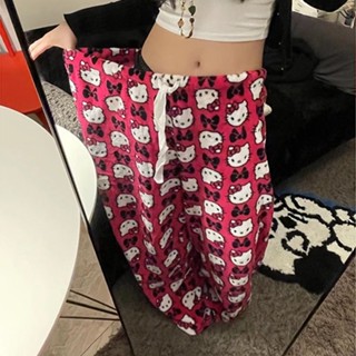 Summer New Cartoon Kitty Print Wide Leg Pants Womens American Retro Bf Style Elastic Waist Straight Leg Casual Pants Womens INSIDE Fashion