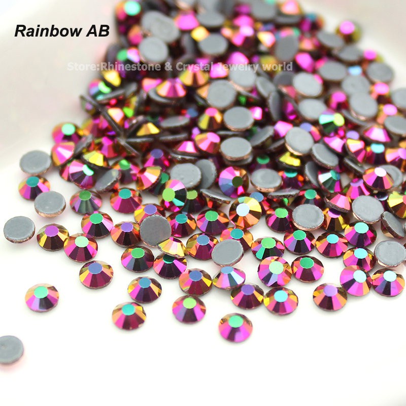 Rainbow AB Hot Fix Rhinestone SS16-SS30 (3.8-6.5 มม.) แก้วคริสตัลเหล็กบน Rhinestone สําหรับเสื้อผ้าต