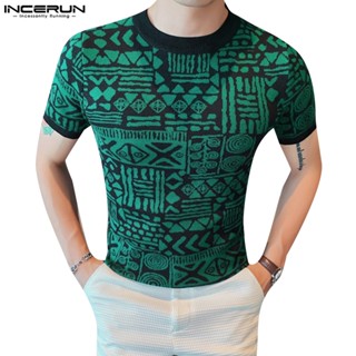 Incerun เสื้อยืดแขนสั้น ผ้าถัก พิมพ์ลาย