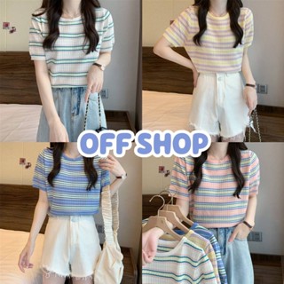 OFF SHOP พร้อมส่ง (OFF-47212) เสื้อคอกลมไหมพรมแขนสั้น ดีเทลลายสีพาสเทลน่ารัก