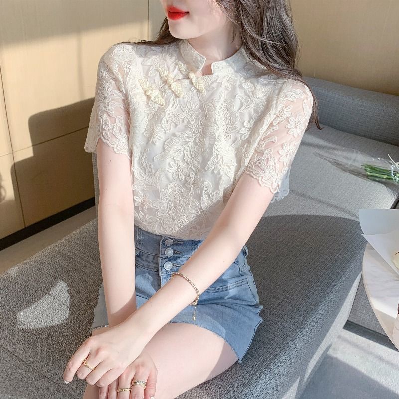 เสื้อเชิ้ตแขนสั้น ผ้าชีฟอง พิมพ์ลายลูกไม้ แฟชั่นฤดูร้อน สไตล์กี่เพ้า สําหรับผู้หญิง 2023