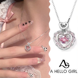 A HELLO GIRL สร้อยคอโซ่ จี้รูปหัวใจ ประดับเพชร สีชมพู เหมาะก…