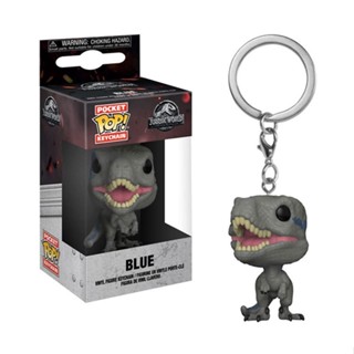 ของแท้ พวงกุญแจฟิกเกอร์ PVC รูป Funko POP Jurassic World Velociraptor สีฟ้า สําหรับตกแต่ง