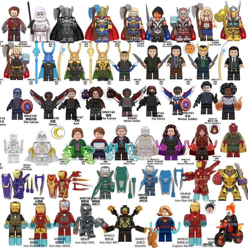 ของเล่นตัวต่อฟิกเกอร์ Marvel Superhero Thor Iron Man Rocky Falcon ขนาดเล็ก