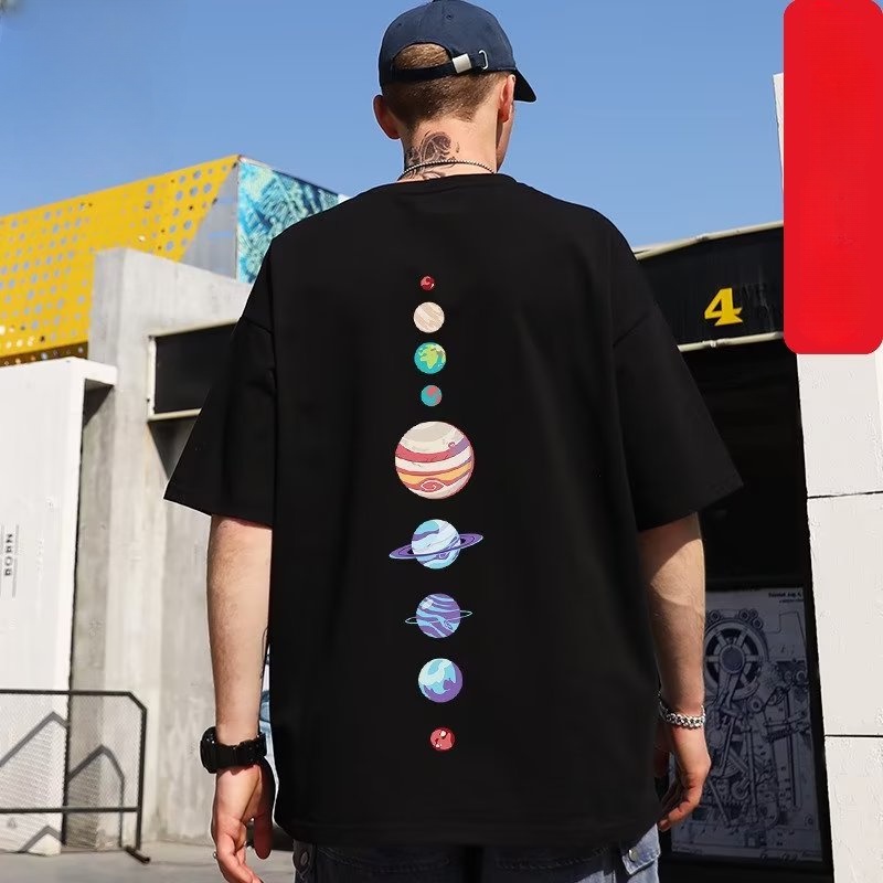 Plus ขนาด M-8XLtshirt ผู้ชายเกาหลีขนาดใหญ่หลวมเสื้อยืด Multicolor Planets พิมพ์เสื้อแขนสั้นสบายๆแฟชั