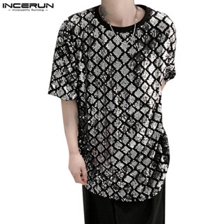 Incerun เสื้อยืดแขนสั้น ปักเลื่อม