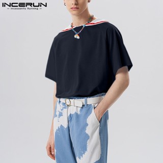 Incerun เสื้อคอกลม แขนสั้น ผ้าคลุมไหล่ สีพื้น สไตล์วินเทจ สําหรับผู้ชาย