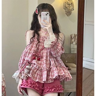 🔥New product🔥ฤดูร้อนสไตล์โมริหวานลดอายุสายเดี่ยวเปิดไหล่ลายสก๊อตเสื้อแฟชั่นกางเกงขาสั้นลูกไม้ ins ชุดสองชิ้นผู้หญิง