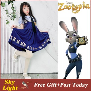 Zootopia Officer Rabbit Judy ชุดเดรส แขนสั้น สีฟ้า สําหรับเด็กผู้หญิง ปาร์ตี้ฮาโลวีน คริสต์มาส วันเกิด ของขวัญ