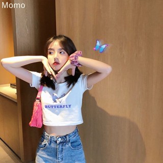 momo~ใหม่น่ารักสีขาวเสื้อยืดเสื้อผ้าแฟชั่นซุปเปอร์สั้นผีเสื้อพิมพ์เสื้อยืดแขนสั้น MX101