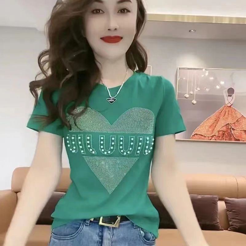 ขนาดใหญ่Heavy Industry Hot Diamondเสื้อยืดแขนสั้นผู้หญิง 2023 ฤดูร้อนการออกแบบความรู้สึกแฟชั่นSlimme