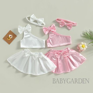 Babygarden-6 เดือน - 4 ปี ชุดเสื้อผ้าเด็กผู้หญิง, เสื้อกั๊กไหล่เดียว ประดับโบว์ + กระโปรงทรงเอ + ที่คาดผม ชุดฤดูร้อน สําหรับปาร์ตี้