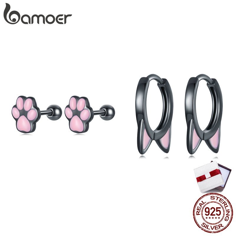 Bamoer ต่างหูสตั๊ด เงิน 925 จี้รูปแมว สีดํา สไตล์เกาหลี เครื่องประดับแฟชั่น