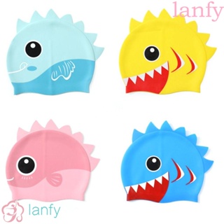 Lanfy หมวกว่ายน้ํา กันน้ํา ลายฉลาม ไดโนเสาร์ สําหรับเด็ก ผมยาว หมวกว่ายน้ํา สําหรับดําน้ํา สระว่ายน้ํา