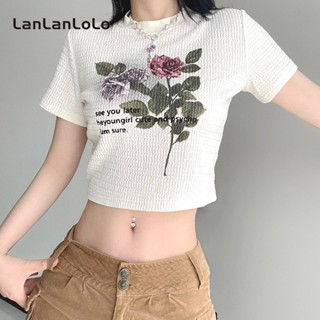 Lanlanlolo เสื้อยืดลําลอง แขนสั้น คอกลม พิมพ์ลาย สไตล์วินเทจ สําหรับสตรี 2023