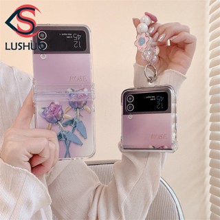 Lushuo เคสโทรศัพท์มือถือ ปิดด้านหลัง ลายดอกกุหลาบน่ารัก พร้อมสายโซ่คล้อง สําหรับ Samsung Galaxy Z Flip 3 5G and Z Flip 4 3 in 1 Z Flip3 ZFlip3 ZFlip 3 Z Flip4 ZFlip 4