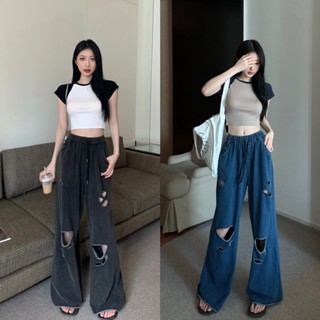 Liasynn เสื้อยืด แขนสั้น ทรงหลวม ขากว้าง แต่งรอยขาด สไตล์อเมริกันเรโทร สําหรับผู้หญิง