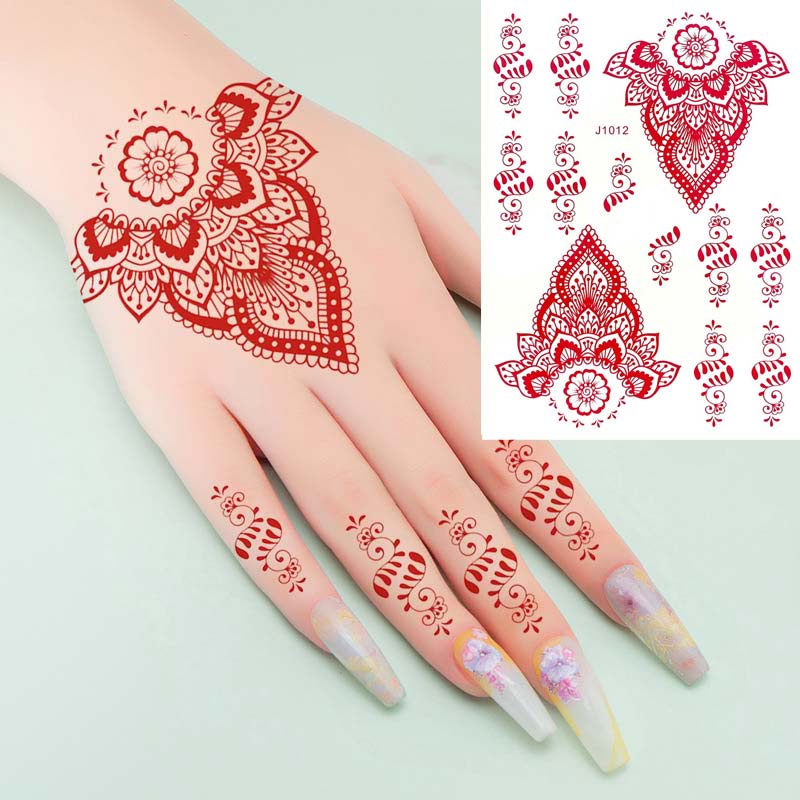 สติกเกอร์รอยสักชั่วคราว กันน้ํา ลายดอกไม้ Mandala Mehndi สีแดง สีขาว สําหรับผู้หญิง งานแต่งงาน งานเทศกาล
