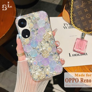 เคส Oppo Reno 8T 5G 4G Reno 10 8 7 Pro 5G 4G Reno 7Z 8Z 5G Reno 8 Pro 5G โทรศัพท์มือถือ ประดับมุก พลอยเทียม กลิตเตอร์ ระยิบระยับ ลายดอกกุหลาบ 3D หรูหรา สําหรับ