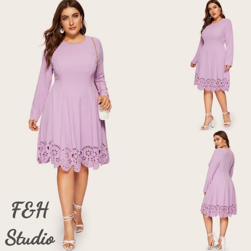 F&H 3534-3 สี XL-5XL Commuting Elegant Hollow Out แขนยาวรอบคอ Plus ขนาดผู้หญิง