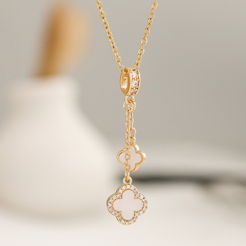 Ht Micro-Inlaid Zircon พู่ Four-Leaf Clover จี้ไทเทเนียมเหล็กสแตนเลส Clavicle Chain เครื่องประดับสาว ราคา ถูกที่สุด ดีลบีเคเค แกลเลอรีภาพที่ 4