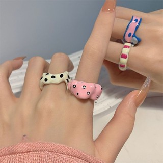 Pink and White Colorful Enamel Drop Glaze Contrast Irregular Ring for Girls New Girl Heart Sweet Geometric Monster Personality Temperament Index Finger