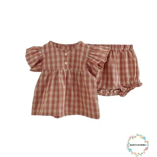 Babyclothes- ชุดเสื้อแขนพอง ลายสก๊อต และกางเกงขาสั้น แต่งระบาย แฟชั่นฤดูร้อน สําหรับเด็กผู้หญิง 2 ชิ้น