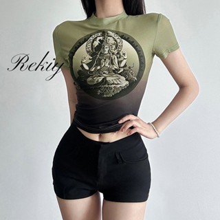 Rekiy ใหม่ เสื้อยืดคอกลม แขนสั้น เข้ารูป สีพื้น สไตล์สตรีท สําหรับผู้หญิง 2023