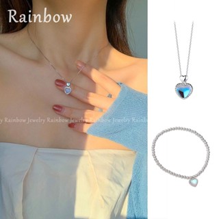 【Rainbow】สร้อยคอ สร้อยข้อมือ ชุบเงิน จี้หินมูนสโตนธรรมชาติ รูปหัวใจ สไตล์เกาหลี สําหรับผู้หญิง