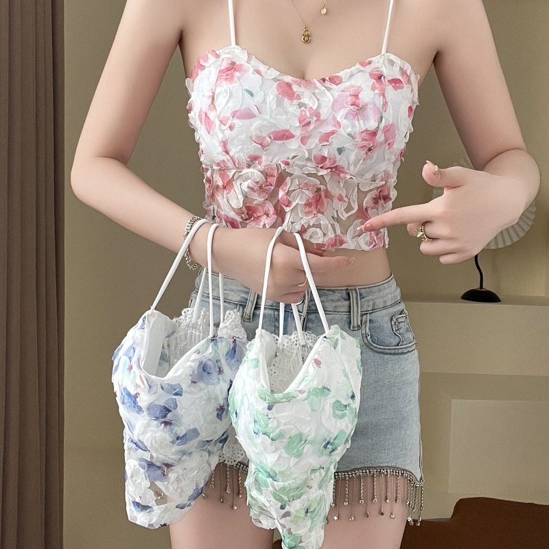 #060 เสื้อสายเดี่ยว จับจีบ ลายดอกไม้ สไตล์เรโทร สามมิติ เสื้อสายเดี่ยวไร้โครง บรามีฟองนผู้ส COK